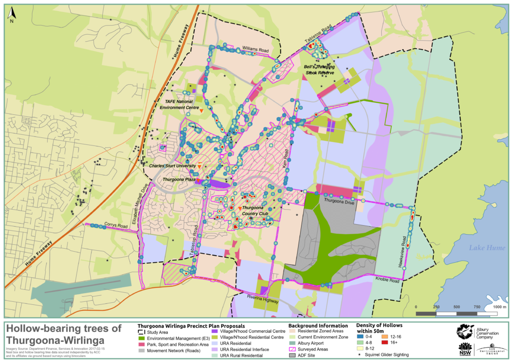 Map of Hollow-bearing Trees across Thurgoona Wirlinga, located and mapped by Albury Conservation Company (March 2017)