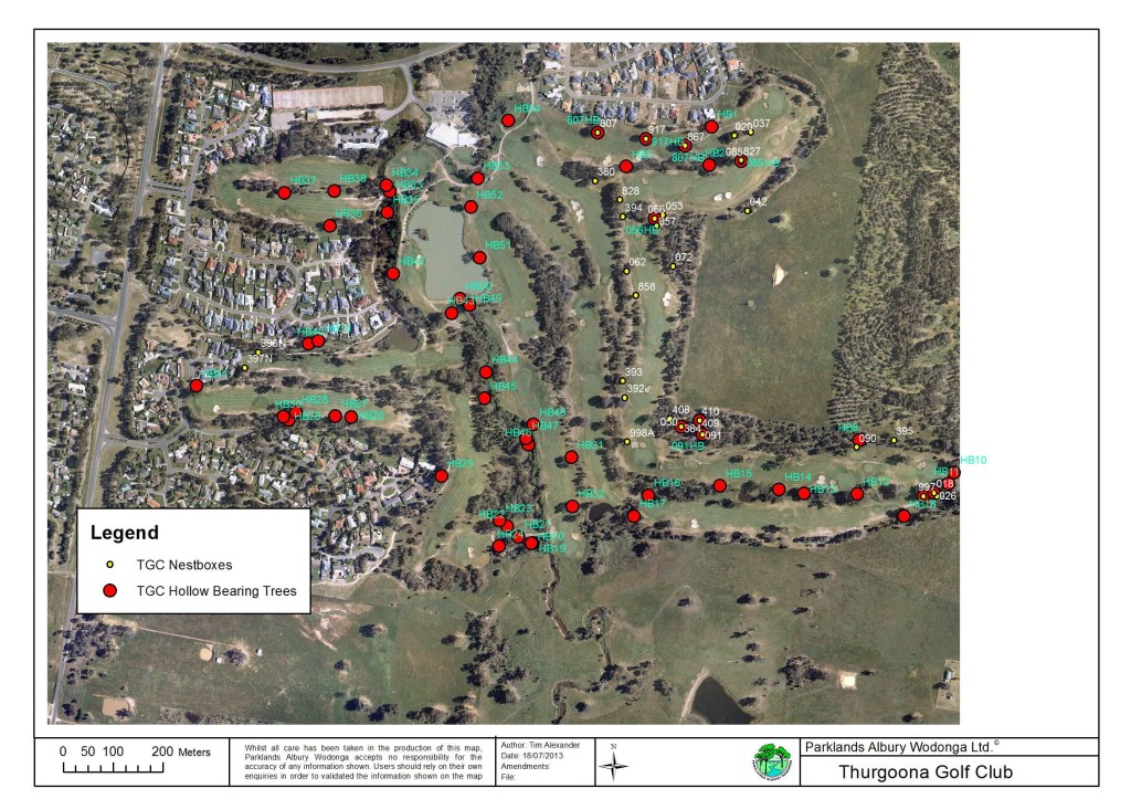 Map of Hollow-bearing trees and nest boxes on Thurgoona Country Club Resort (July 2013)