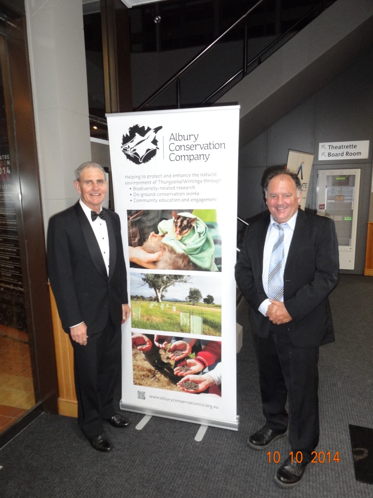 Albury Conservation Company Board members Dennis Toohey and Rob Fenton at the Albury Wodonga Business Awards ceremony, October 2014.