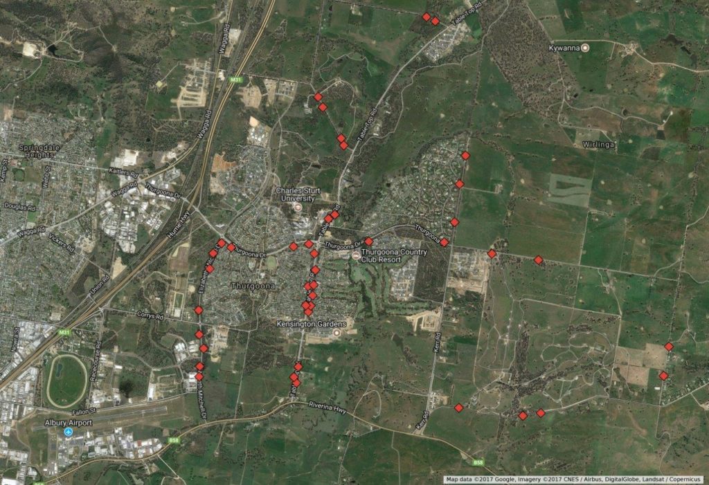 Locations of Squirrel Glider nest boxes built by Thurgoona Men's Shed, purchased by Albury Conservation Company using 'Edge Pledge' 2016 campaign funds, and installed by Albury City Council (Sept 2017).