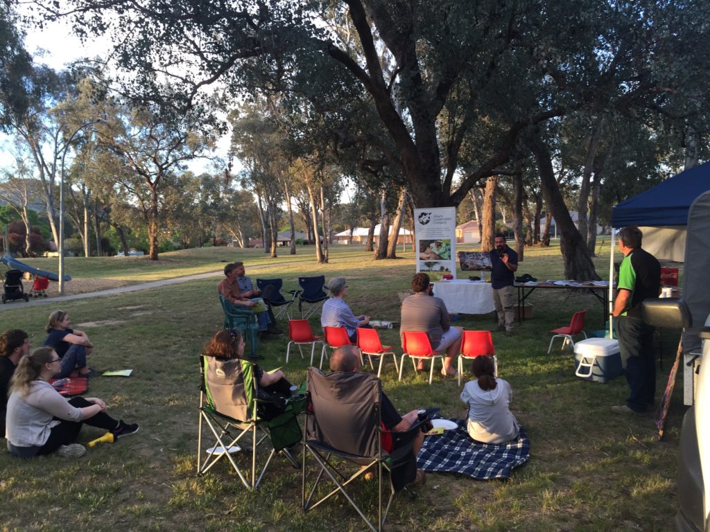 Dr Damian Michael presenting at 'Holloween', a community event in Thurgoona sharing results from the hollow-bearing tree project and conducting a search for hollow-dependent fauna (10/11/2017).